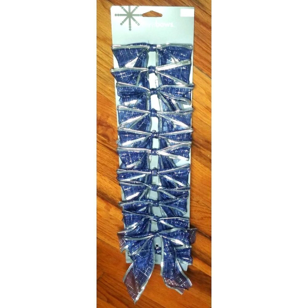 NEW Christmas Bows set of 12 Blue Silver checkered ribbon bows ties Bag bows